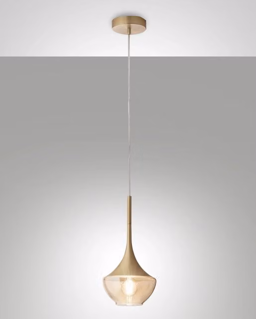 Lampada a Sospensione Apollo Fabas in Metallo e Vetro Soffiato Ottone e Vetro Trasparente, Design Moderno con Struttura Regolabile 200 cm, Attacco E27 – 1