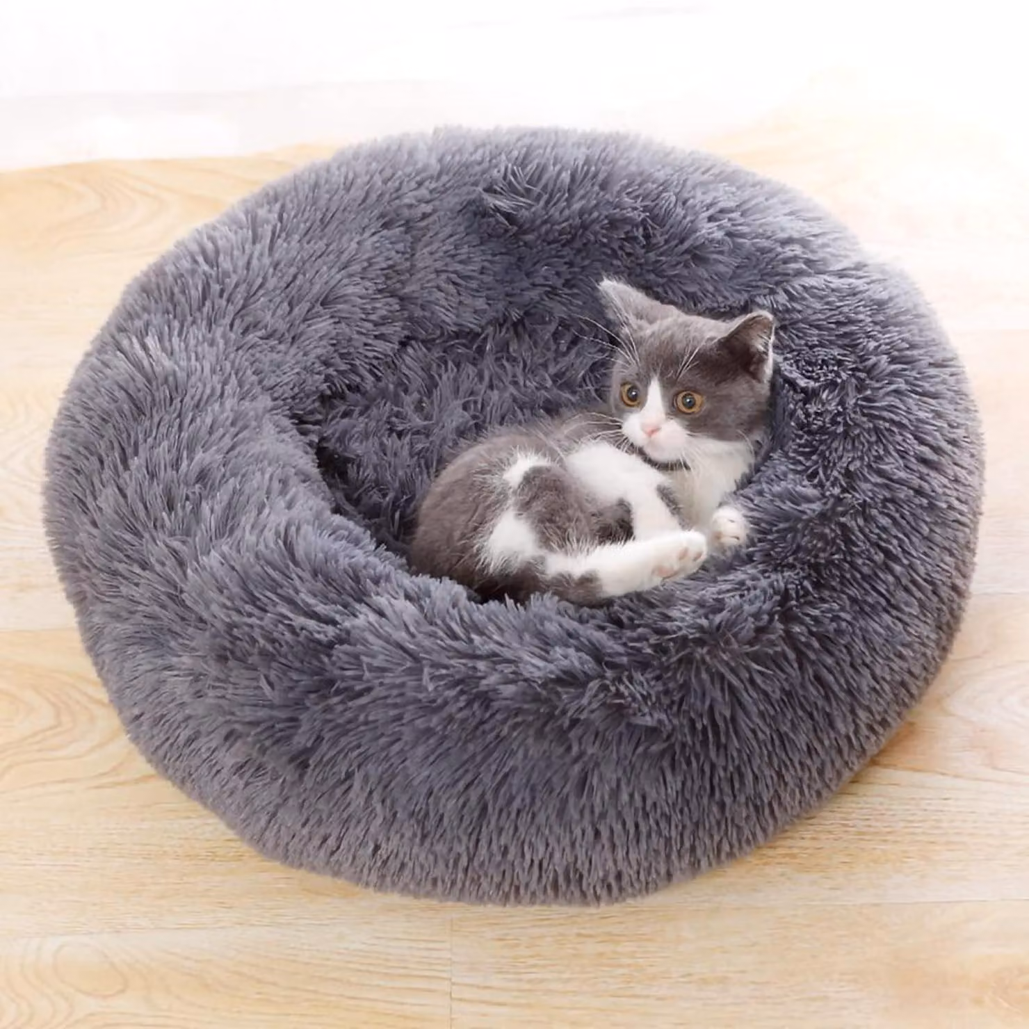 Cuccia per cani, cuccia per gatti, forma a ciambella, in peluche, color grigio scuro, 50 cm, lavabile