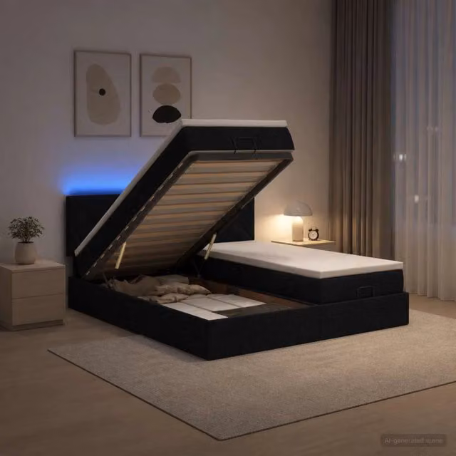Letto Ottomano con Materasso Ibrido vidaXL in Tessuto con Illuminazione LED e Porte USB, L/P/H: 203 x 180 x 88 cm, Nero e Bianco – 1