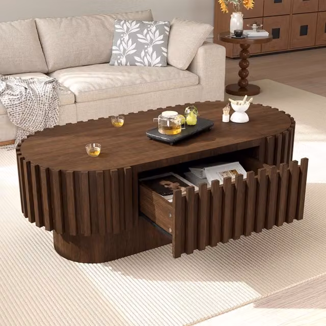 Tavolino da Salotto Ovale 100x50x35,5 cm in Legno Colore Noce, con 1 Cassetto e Design a Listelli Verticali, Portata Max 20 kg