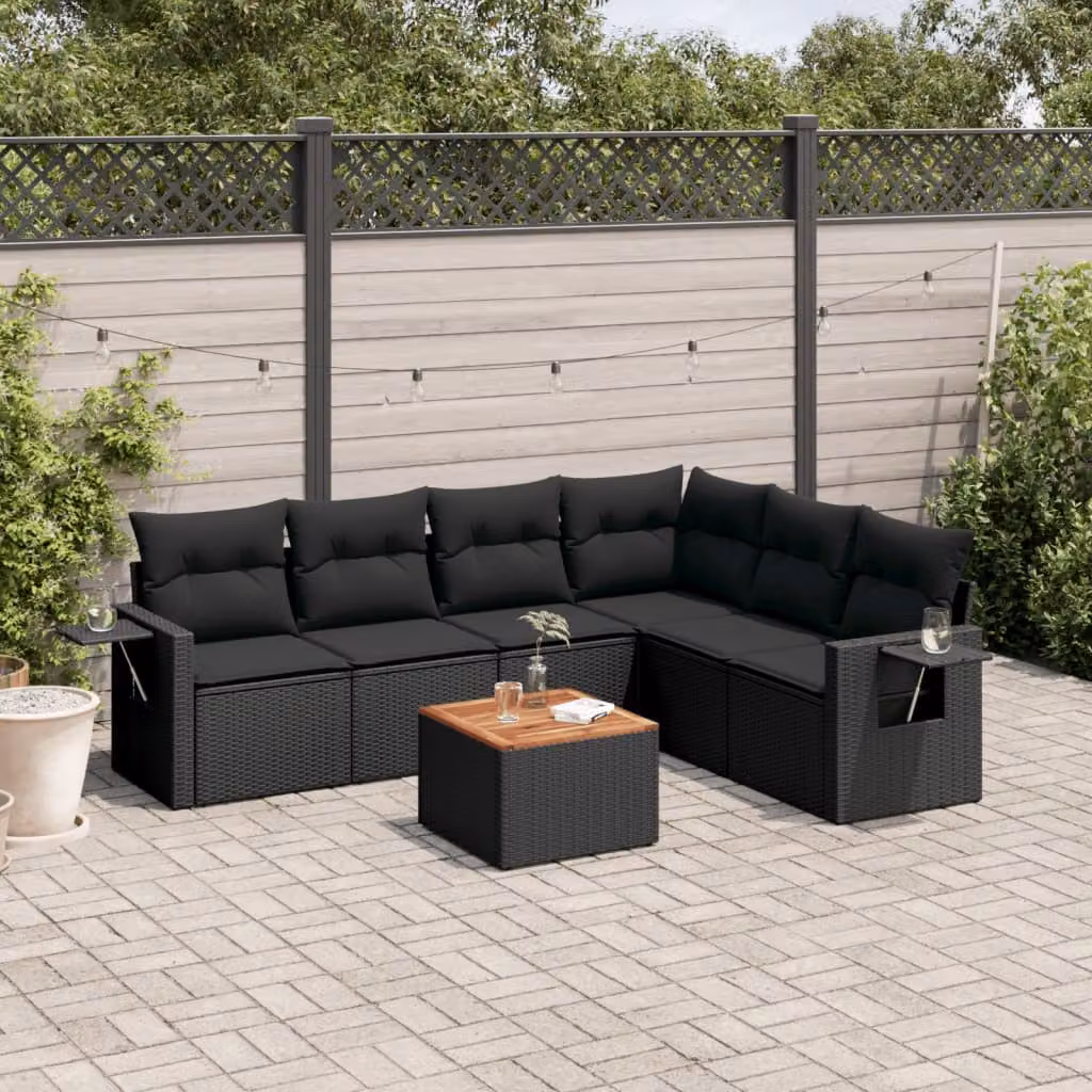 vidaXL Set Divani da Giardino a L con Cuscini 7pz in Polyrattan Nero – 1