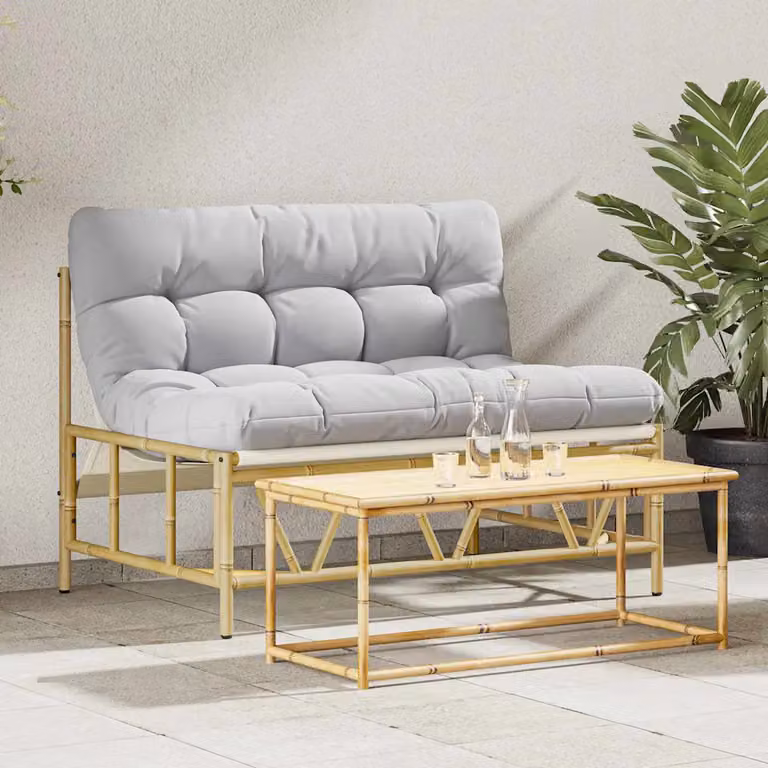 Panchina da giardino e terrazzo moderna vidaXL in metallo e bambù, Grigio, L: 110 cm, P: 74,5 cm, H: 71 cm