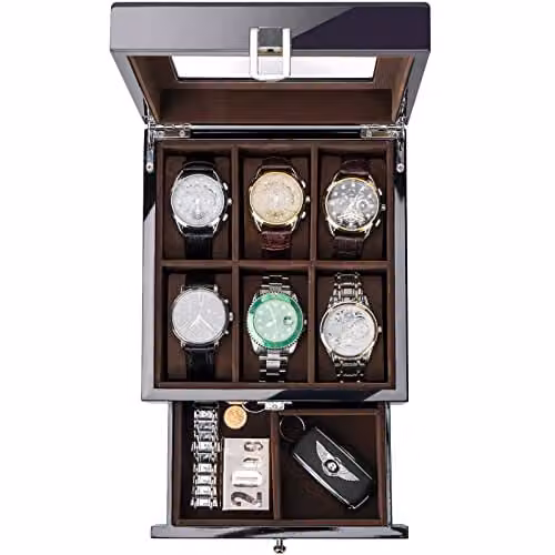 ProCase Porta Orologi Uomo a 6 Posti, Scatola Portaorologi in Legno a 2 Livelli, Custodia Orologio con Cassetto e Coperchio in Vetro, Portagioie Uomo per Orologi Anelli Idea Regalo - Nero