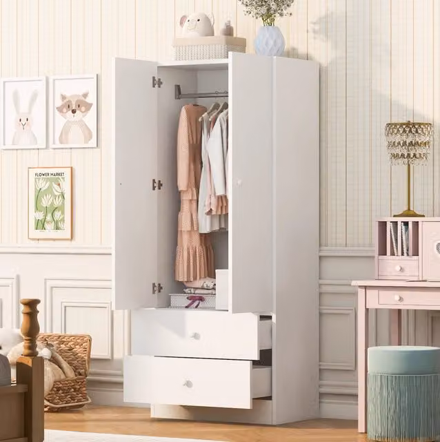 Armadio guardaroba con due cassetti e vano appendiabiti 70 x 40 x 170 cm in MDF bianco