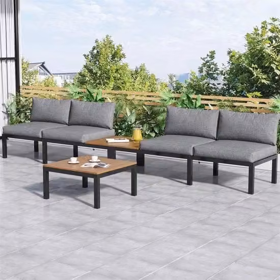 Set da giardino moderno con divano a due posti imbottito e tavolini coordinati in acciaio verniciato grigio