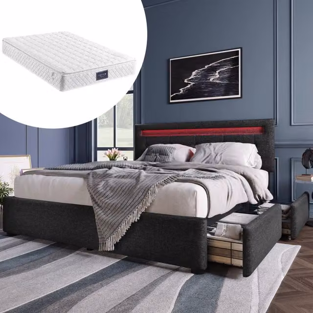 Letto matrimoniale 140x200 cm nero con LED, 4 cassetti e materasso H3