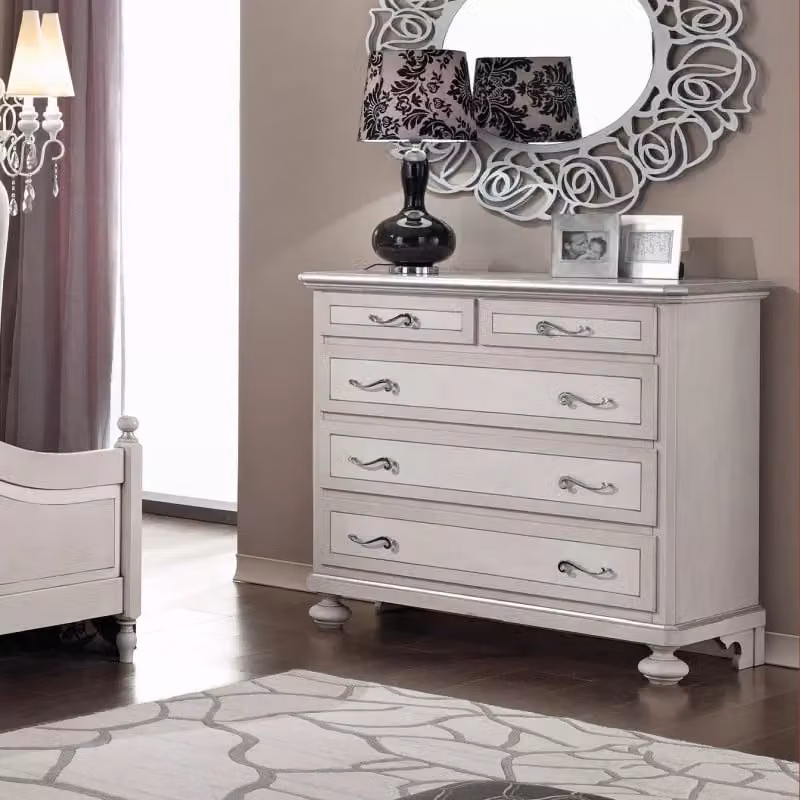 Cassettiera in legno stile shabby arte povera con 5 cassetti Mobili 2G colore tortora grigio L: 116 cm, P: 51 cm, H: 101 cm – 1