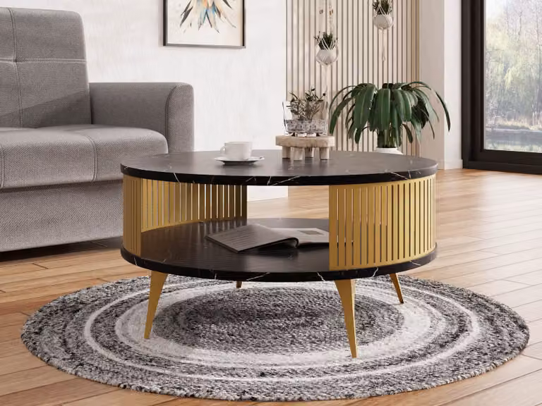 MIRJAN24 Tavolino da salotto Roenni Gold, tavolino da caffè per soggiorno, gambe e fianchi in acciaio (colore: oro / nero Pietra Grigia)