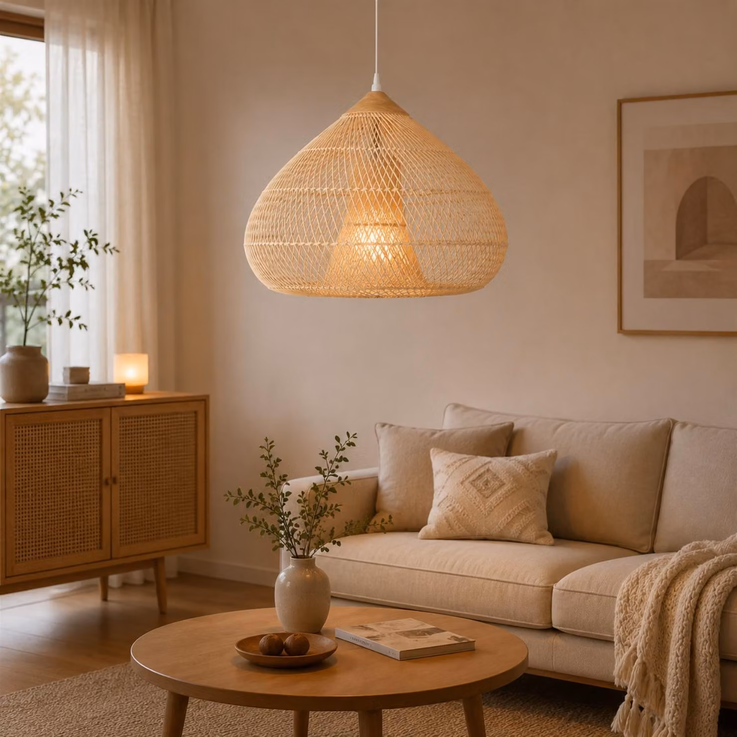 Lampada a sospensione in rattan, 60 cm - Tessitura naturale intrecciata a mano - Attacco E27 - Illuminazione per interni - Stile bohémien