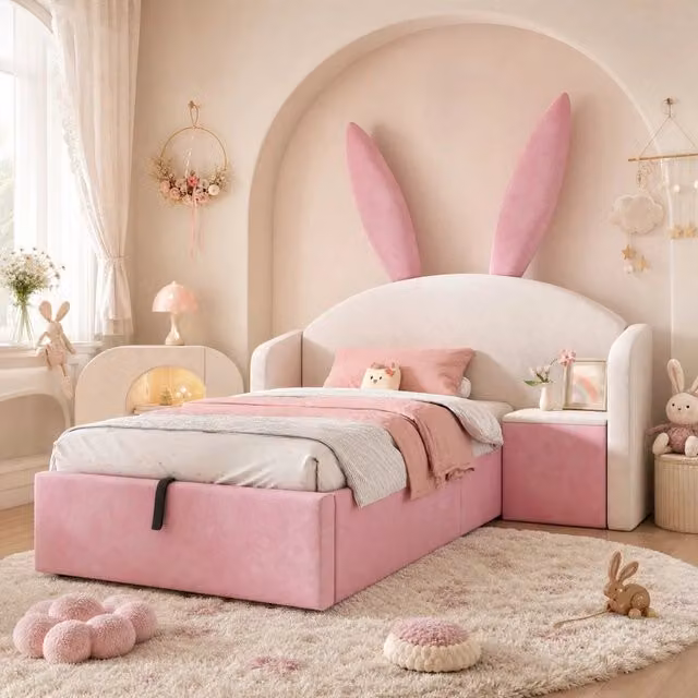 Letto singolo per bambini 90x190 cm in velluto beige e rosa con contenitore idraulico e comodino