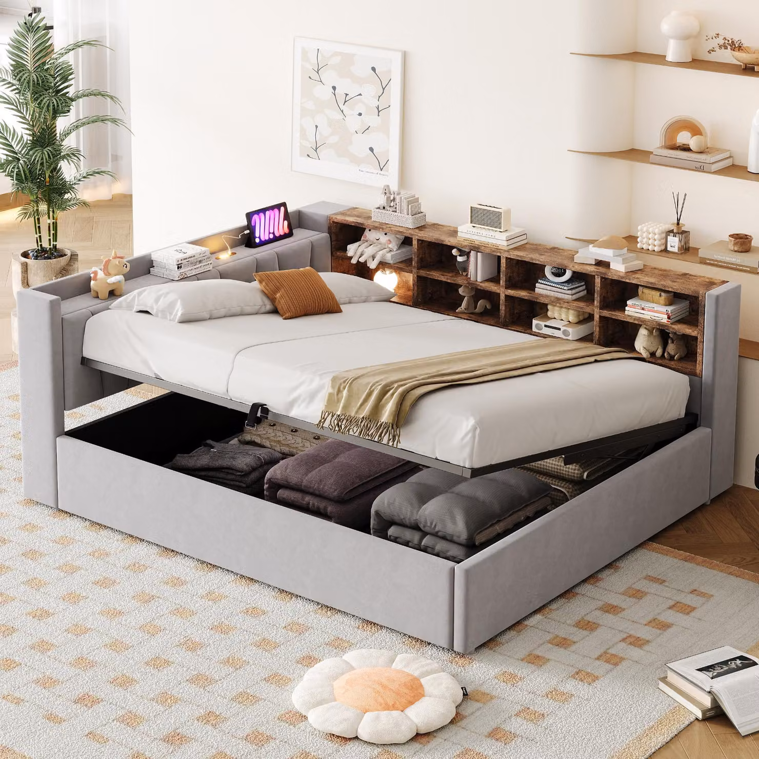Letto imbottito 140x200 cm con spazio contenitore a sollevamento idraulico, luce notturna, porte USB e di tipo C, ripiani e vani contenitori, e testiera imbottita