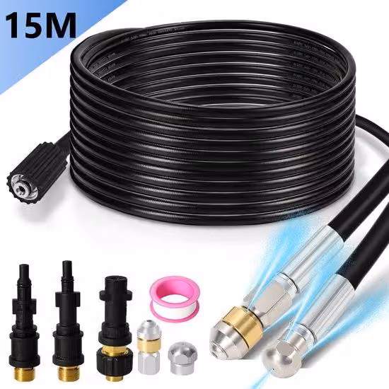 Kit di pulizia ad alta pressione da 15 metri - Kit di pulizia compatibile con idropulitrici di marca Kärcher - Kit per la pulizia di tubi di scarico - Include una lancia con ugello rotante e orientato in avanti