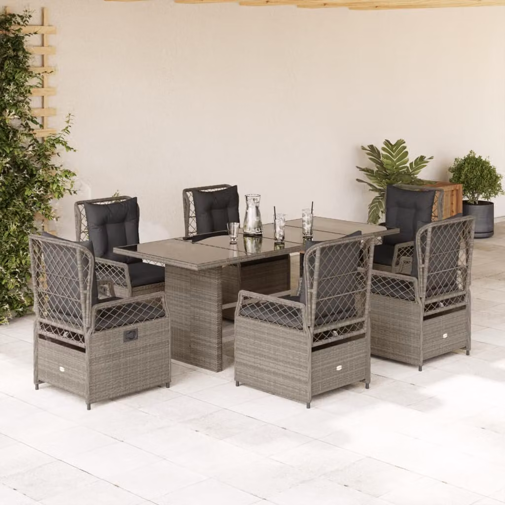 Set da pranzo da giardino vidaXL in polyrattan e vetro con 7 pezzi, colore grigio