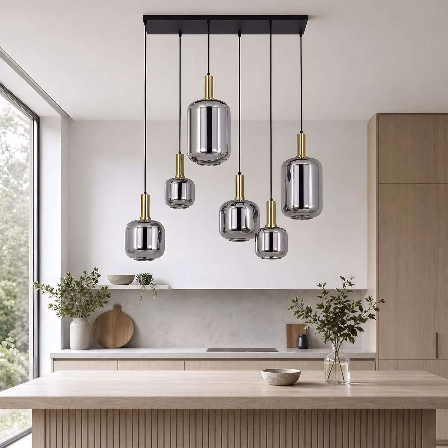 ZMH Lampada a sospensione vintage 6 luci vetro fumé E27 96,6cm regolabile in altezza per soggiorno sala da pranzo cucina isola cucina