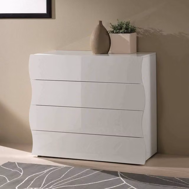 Cassettiera Hecate DMORA con 4 cassetti per camera da letto, Bianco lucido, L: 98 cm, P: 40 cm, H: 82 cm