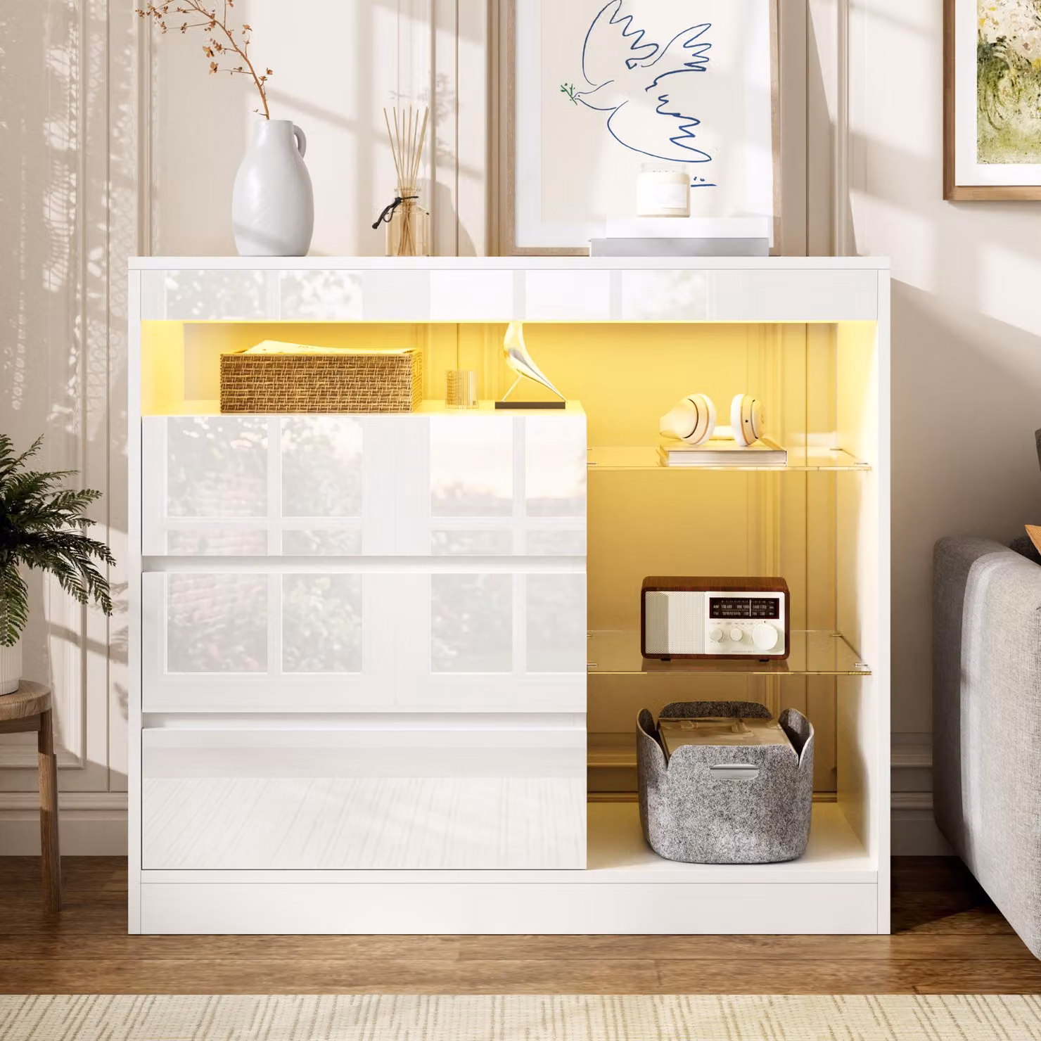 Mobile contenitore con 3 cassetti, dimensioni 90x35x80 cm, colore bianco, illuminazione LED, ripiani in vetro, finitura lucida, ideale per soggiorno e camera da letto