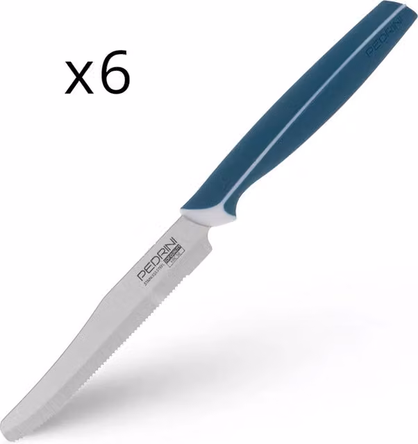 Set di 6 coltelli da tavola Pedrini Master in acciaio inox con manico antiscivolo blu avio opaco