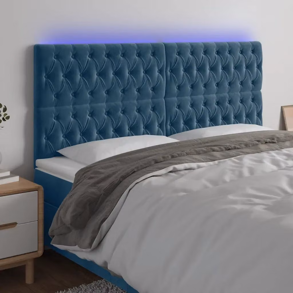 Testata del letto con illuminazione LED e porta di ricarica USB in velluto blu scuro L: 200 cm, P: 7 cm, H: 118/128 cm – 2