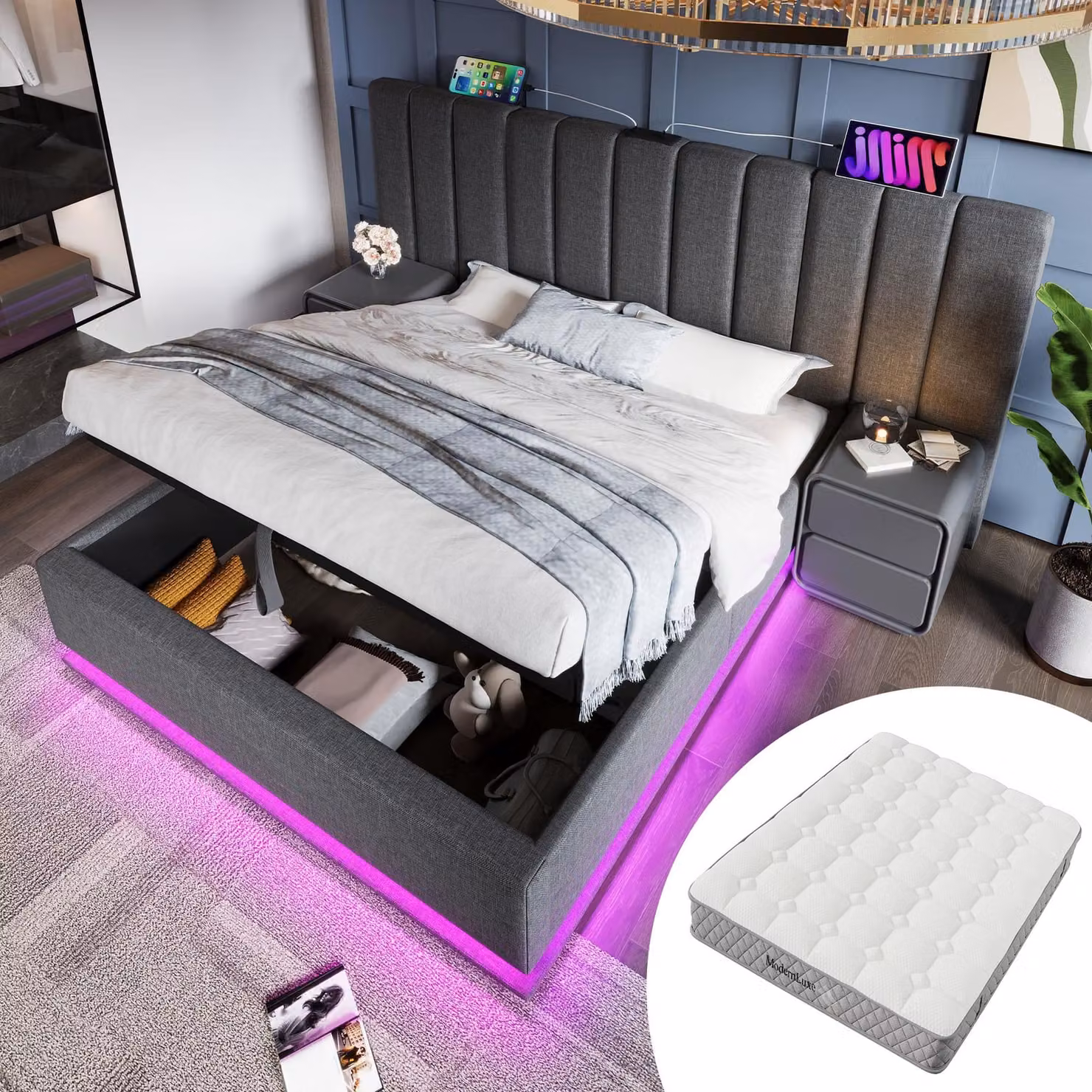 Letto imbottito 180x200 cm con materasso, letto contenitore con cassone a sollevamento idraulico, illuminazione LED, funzione di ricarica USB-C e rivestimento in lino grigio
