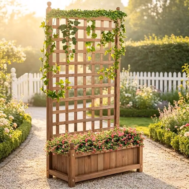 Fioriera con struttura rampicante, aiuola rialzata con retro in rete, elegante supporto per piante, elegante contenitore per piante con struttura a re