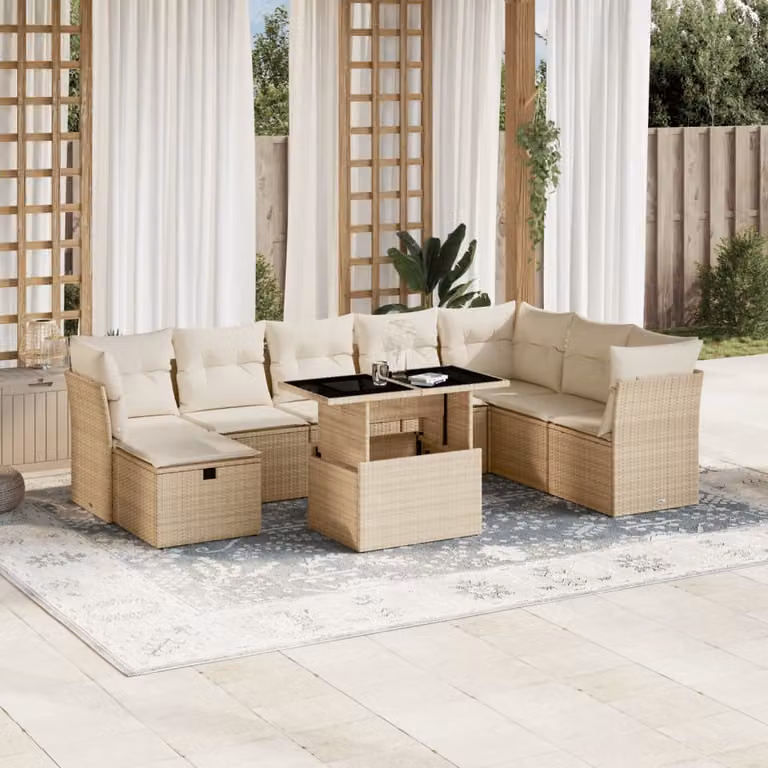 vidaXL Set Divano da Giardino a L 9 pz con Cuscini Beige e Tavolino da Caffè in Rattan e Metallo
