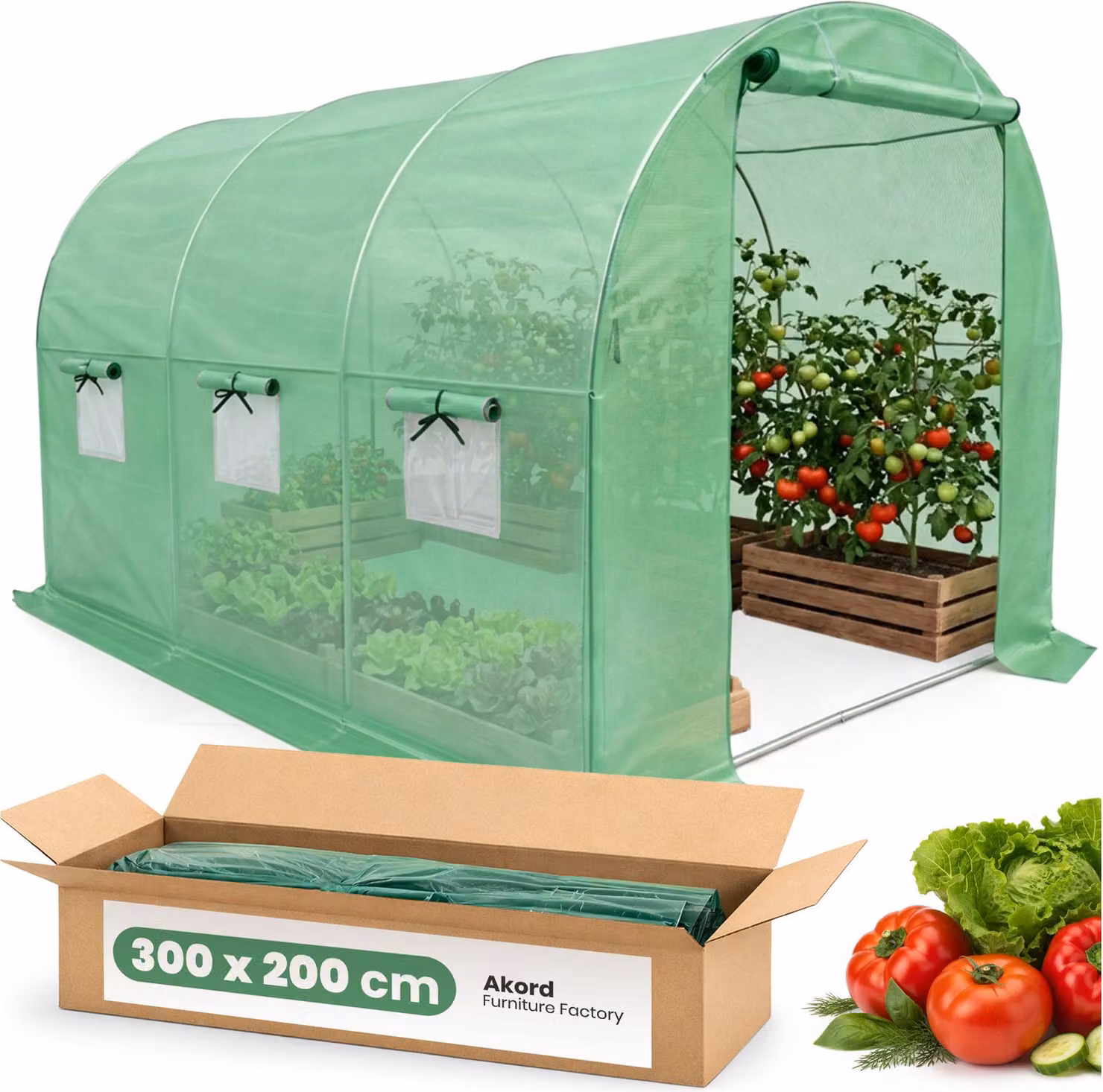 Serra da giardino a tunnel con struttura in metallo e telo in PE 1 porta 6 finestre Verde 200x300x200 cm