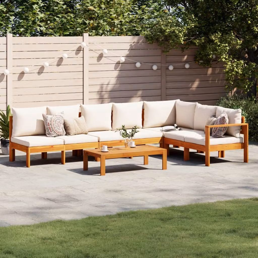 vidaXL Set Divano da Giardino a L 5 pz in Legno di Acacia con Cuscini Beige e Bianchi – 1
