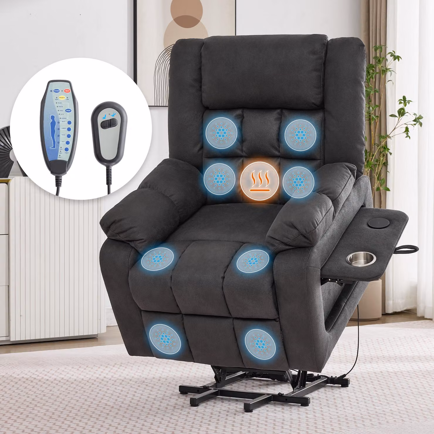 Poltrona massaggiante Merax, poltrona TV elettrica con funzione massaggio, funzione calore, funzione reclinabile, poggiapiedi, tasche laterali, portabicchieri, USB, grigio