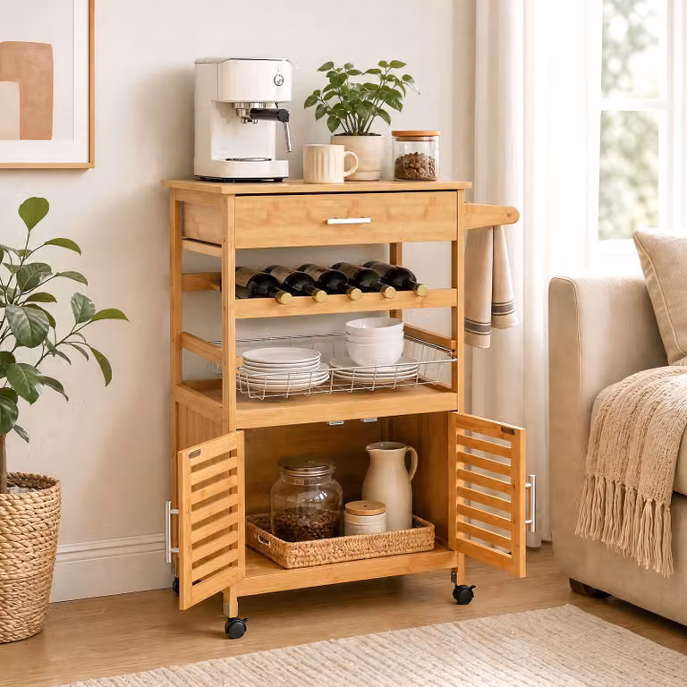 Carrello da cucina salvaspazio Costway in bambù con ruote, mobile credenza con 2 ante, portabottiglie e porta asciugamani, colore naturale