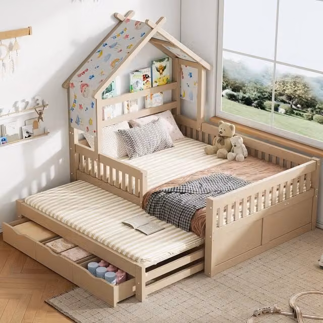 Letto a Casetta con Letto Estraibile, 3 Cassetti e Sponde ¨C Xylo ¨C Legno, Cream, 140x200