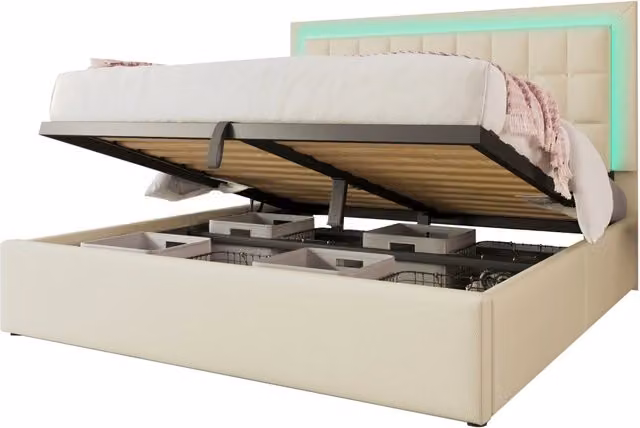 Letto matrimoniale 160×200 cm 2 posti con contenitore idraulico e LED regolabile, materasso incluso, bianco in PU