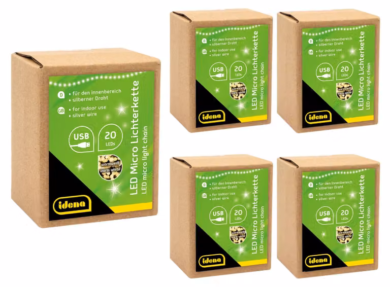 Set di 5 micro-catene luminose a LED, luce bianco caldo, alimentazione USB, lunghezza 1,25 metri, per uso interno