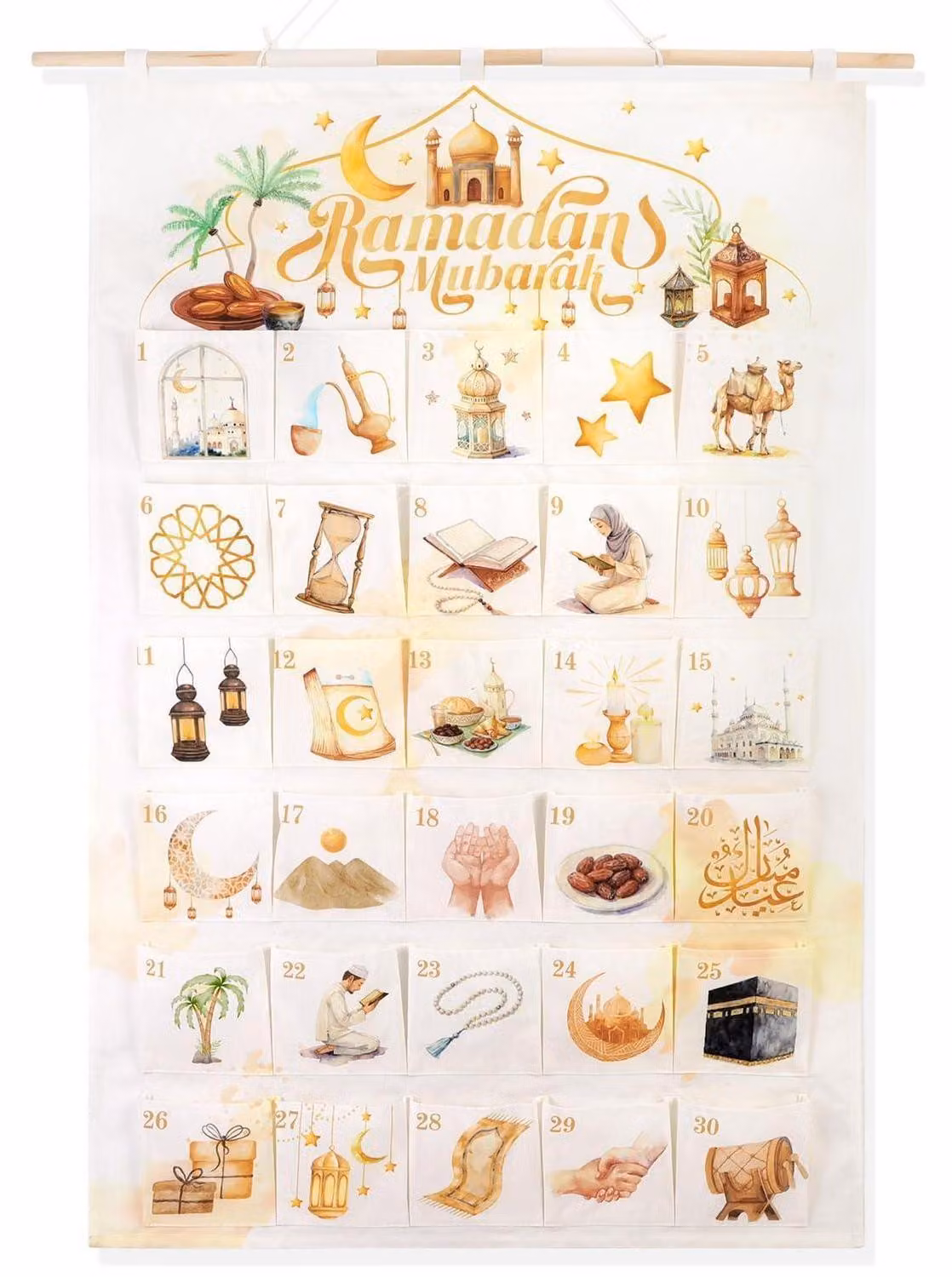 Calendario del Ramadan riutilizzabile in tessuto per il 2026, con 30 tasche