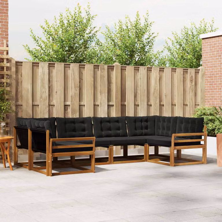 Set di divani da esterno vidaXL a forma di L composto da 6 pezzi in legno di acacia e textilene, colore beige e nero