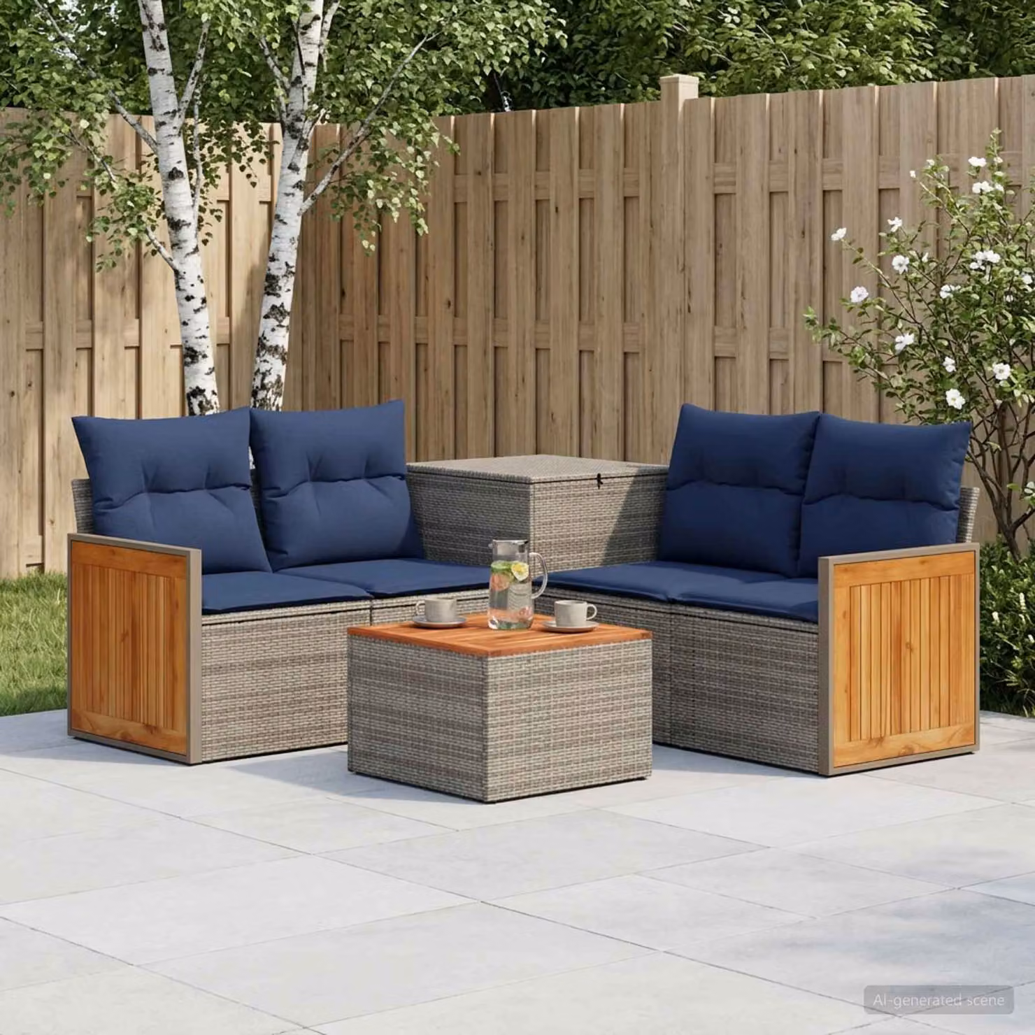 Set di divani da giardino vidaXL a forma di L composto da 6 pezzi in rattan sintetico e acciaio con colori grigio e blu navy
