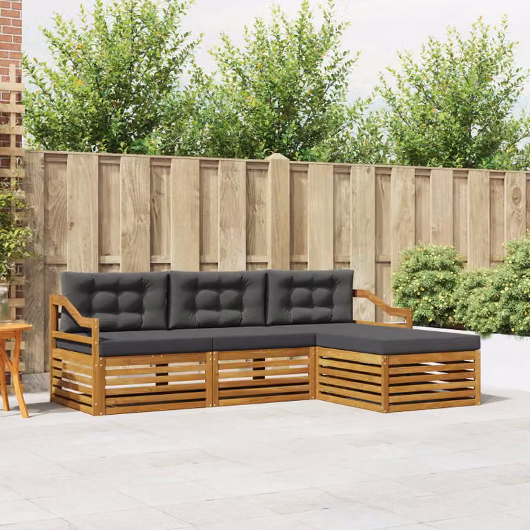 Set di divani da esterno vidaXL a forma di L con pouf, struttura in legno di acacia e cuscini inclusi, beige e antracite
