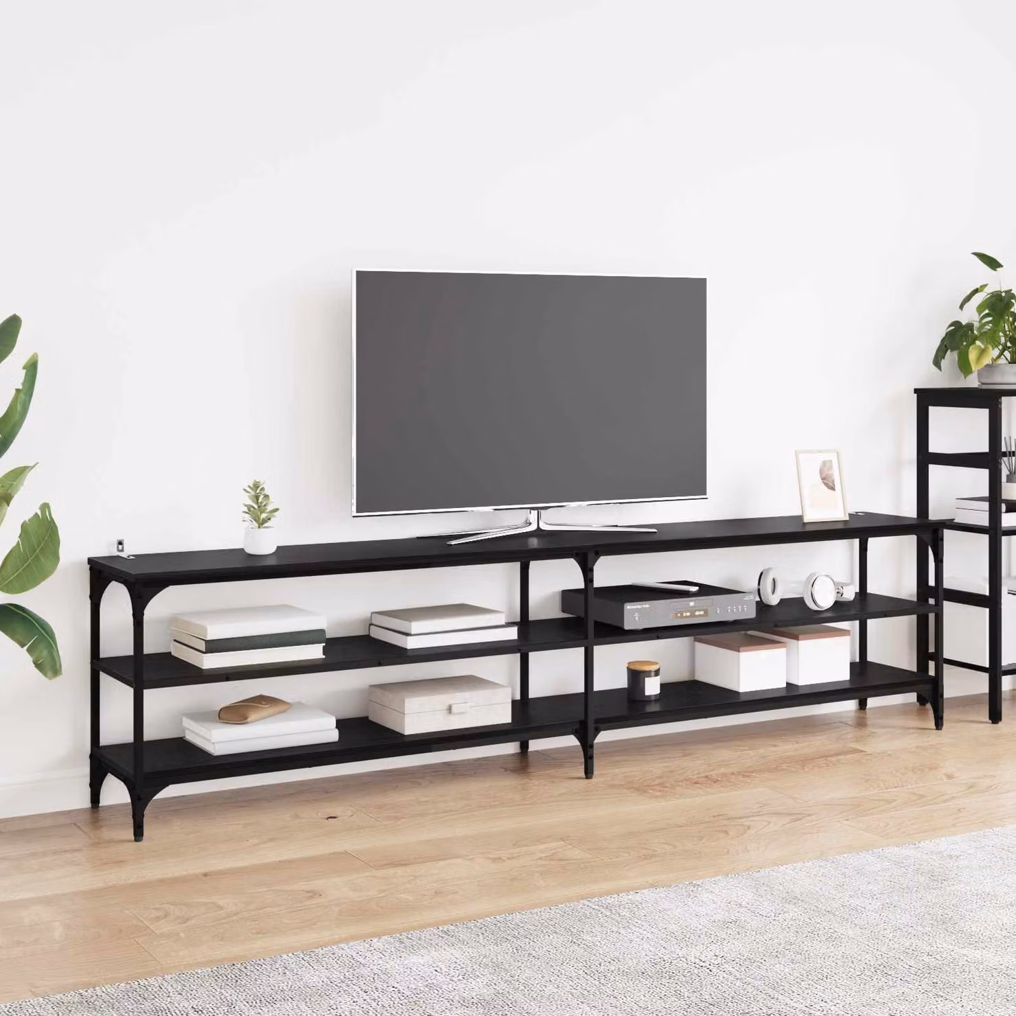 Mobile TV vidaXL in stile rustico nero con ruote, L: 200 cm, P: 30 cm, H: 50 cm