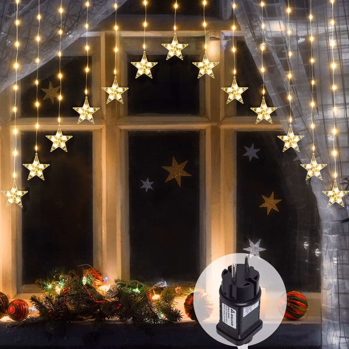 Tenda luminosa a LED, 3 metri, 222 LED, 16 stelle, luce bianco caldo, con timer