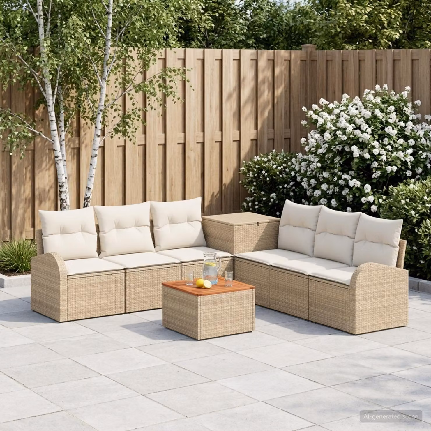 Set di divani da giardino vidaXL a forma di L in polyrattan con tavolino da caffè e pouf, 8 pezzi, Beige e Bianco Crema