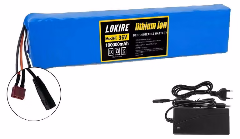 Batteria agli ioni di litio, capacità 100 Ah, tensione 36 V, caricabatterie T-DC