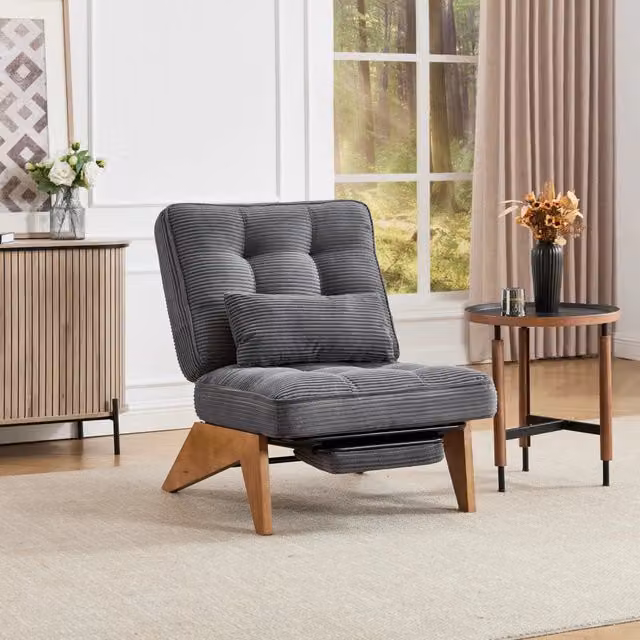 Poltrona reclinabile REDOM in velluto a coste grigio con cuscino lombare L: 127 cm, P: 73 cm, H: 90 cm