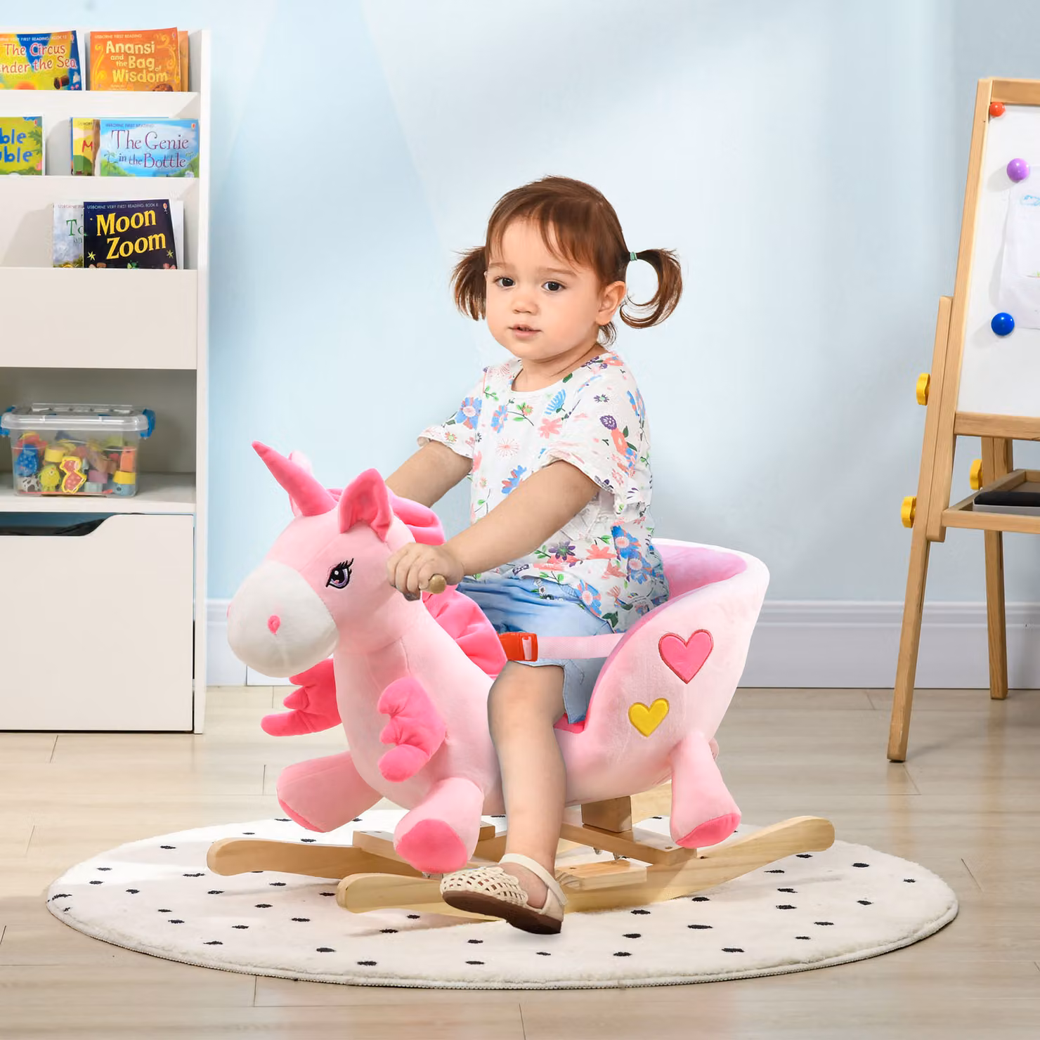Cavallo a dondolo unicorno HOMCOM rosa con base in legno e 32 canzoni per bambini dai 18 ai 36 mesi – 2
