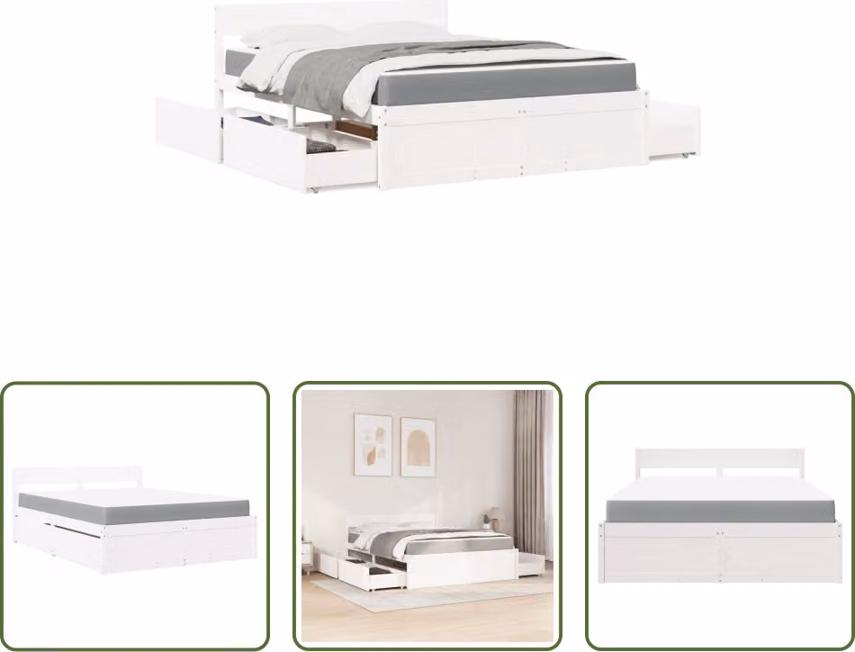 The Living Store Letto con cassetti e materasso bianco 160x200 cm in legno massiccio