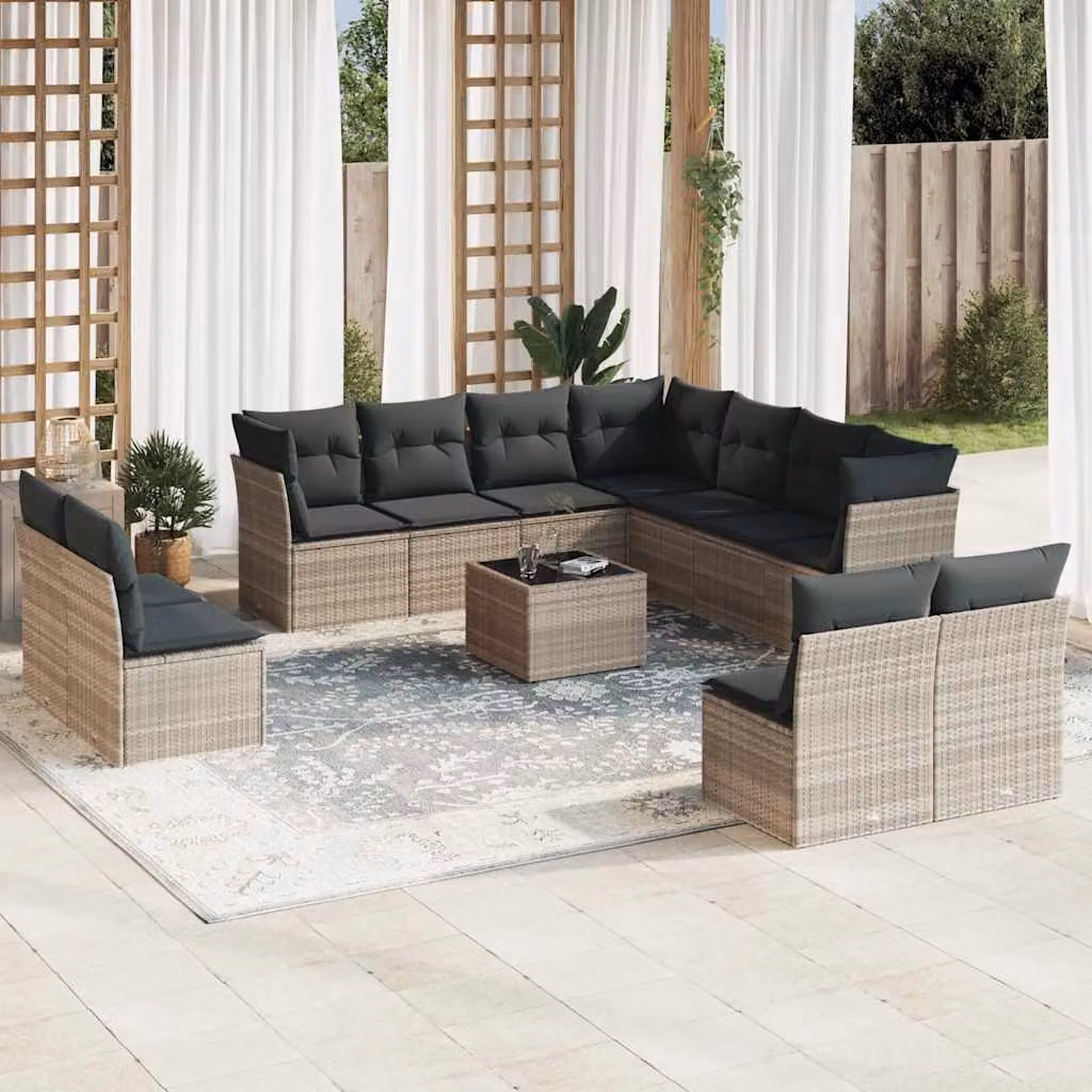 vidaXL Set Divano da Giardino a Forma di U in Polyrattan Grigio con Cuscini e Tavolino da Esterno 12 Pezzi – 1