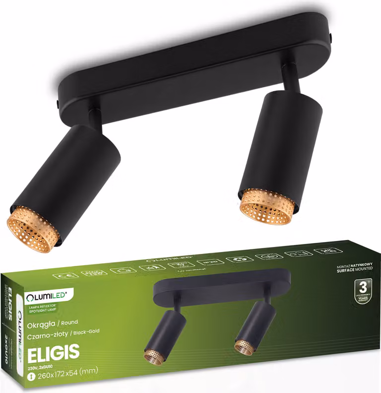 Faretto da soffitto LUMILED Spot da soffitto, plafoniera a 2 lampade, faretto ruotabile di 360° e orientabile di 90°, faretto da soffitto, 2x presa GU10 max.12 W 230V, downlight nero opaco con colore oro