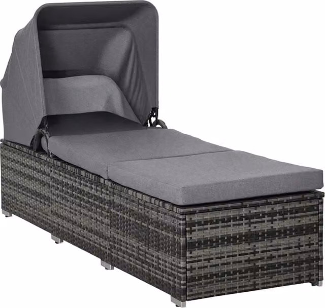 Lettino Prendisole da Giardino in Polyrattan Grigio con Tettuccio Parasole e Cuscino Schienale Regolabile 195 x 65 x 40 cm
