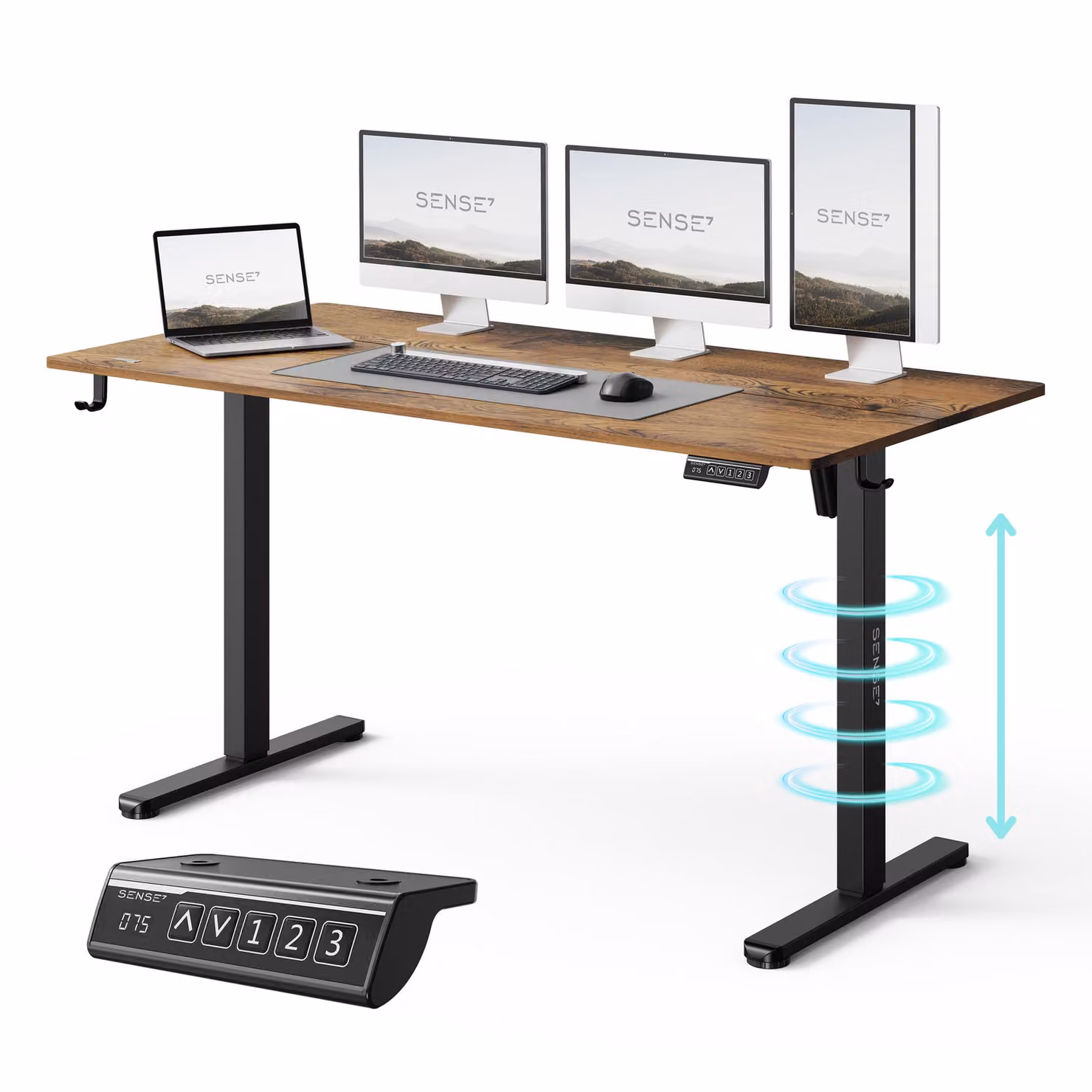 SENSE7 NOJO LIGHT Scrivania regolabile in altezza, elettrica, 140x70 cm - Nero/Marrone scuro, scrivania da gaming, scrivania per computer, scrivania in piedi, Memory, ergonomica