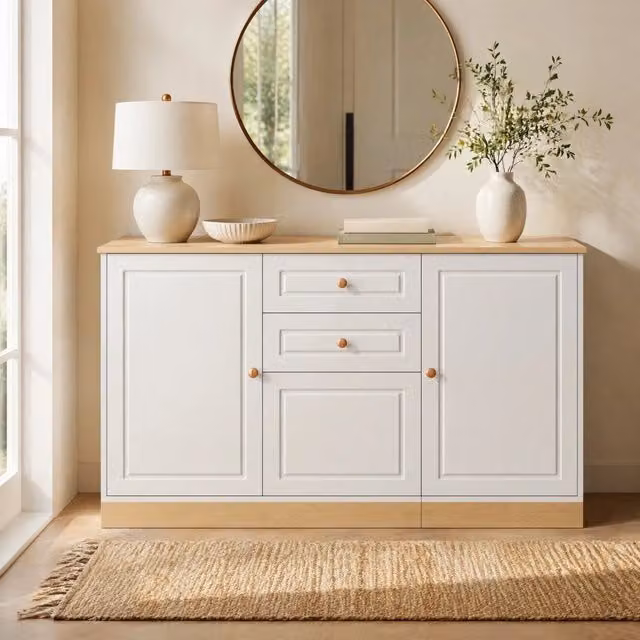 Credenza bianca e in legno con tre porte e doppio cassetto per soggiorno e sala da pranzo