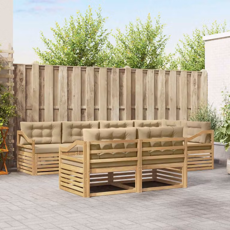 Set di divani da esterno vidaXL a forma di L composto da 7 pezzi in legno di acacia con cuscini, colori bianco, beige e marrone