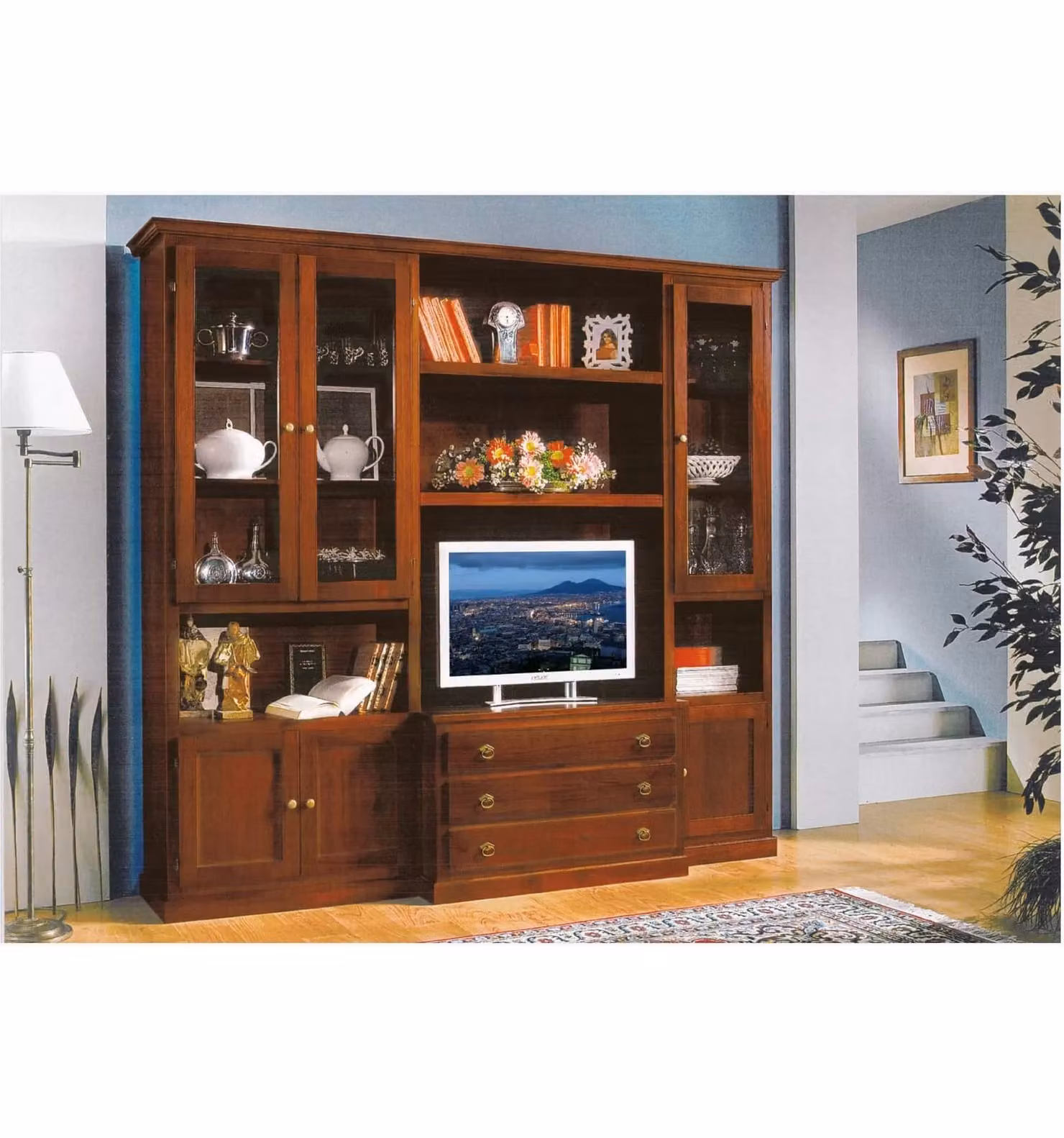 Parete attrezzata porta tv Mobili 2G in legno e vetro color noce L: 230 cm, P: 55 cm, H: 212 cm – 1
